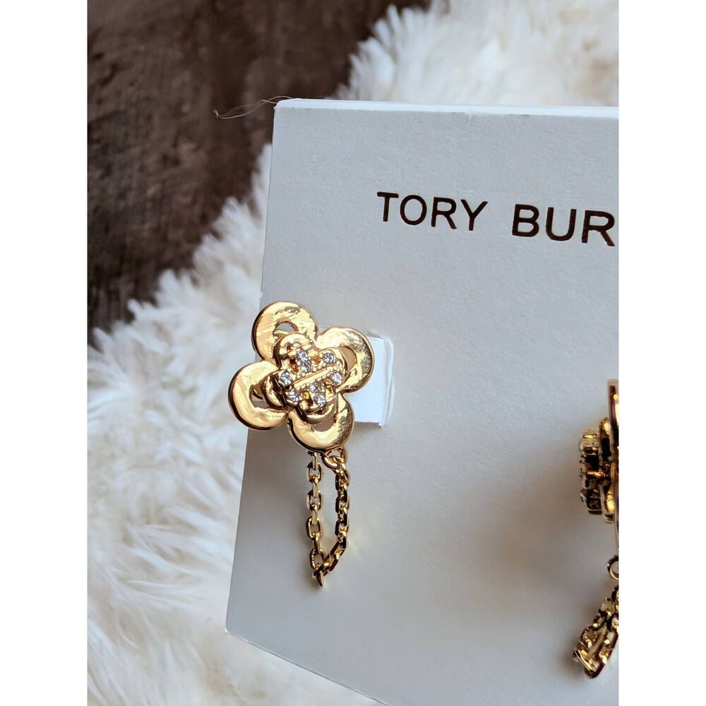 TORY BURCH Gold Clover Front Back Chain Linked Stud Earrings Pave Logo - Picture 4 of 4